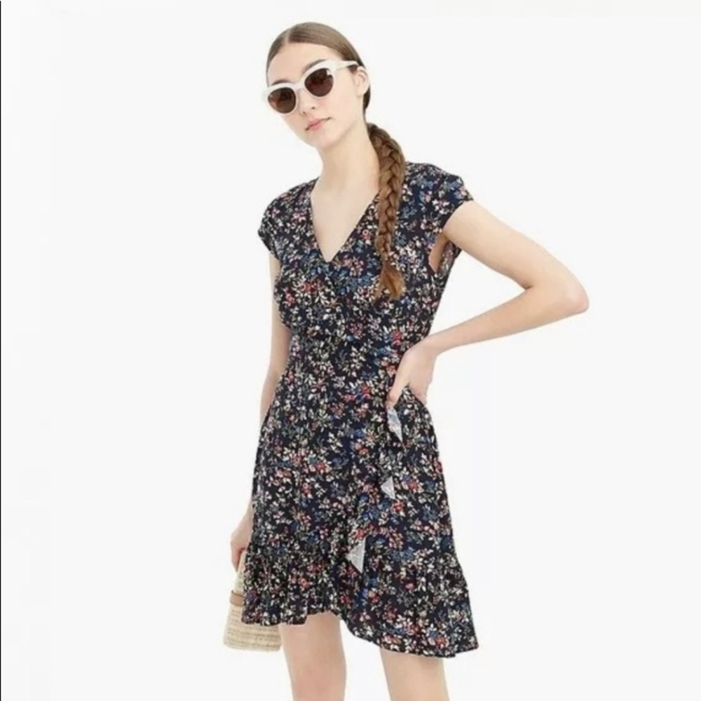 J.Crew Navy Floral Faux Wrap Ruffle-Front Dress - Picture 2 of 4